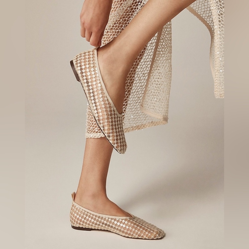 J. Crew Quinn Embellished Removable Ankle-Strap Ballet Flats in Mesh